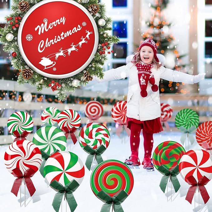 15 Pcs Christmas Outdoor Yard Signs Candy Decorations Outdoor Christmas Decorations Xmas Yard Lollipop Candy Hanging Ornaments Stakes Holiday Garden Sign Cardboard for Party Porch Lawn Walkway Decor