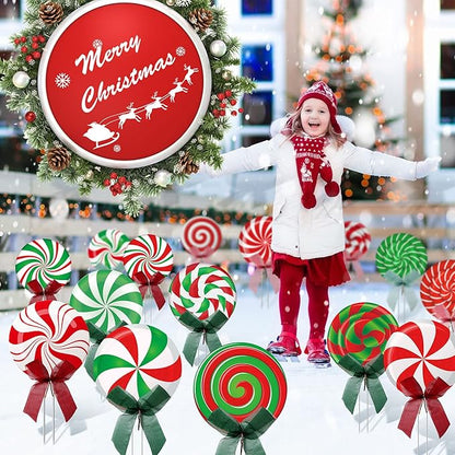 15 Pcs Christmas Outdoor Yard Signs Candy Decorations Outdoor Christmas Decorations Xmas Yard Lollipop Candy Hanging Ornaments Stakes Holiday Garden Sign Cardboard for Party Porch Lawn Walkway Decor