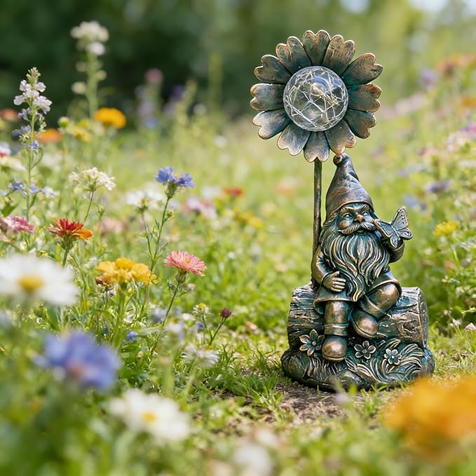 Solar Gnome Sculpture with Butterfly on Hand, Wood Base & Iron Flower Glass Ball for Outdoor Garden