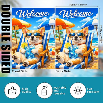 Nuxovilar Large Summer Garden Flag Welcome Dog Sunglasses Beach Chair Pattern Polyester 28 * 40 Inches Garden Flags for Outside Coastal Decor Yard Porch Patio