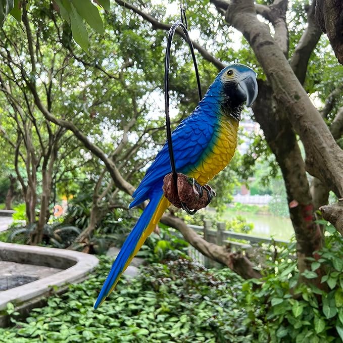 Hanging Parrot Macaw Sculpture Ring Perch Indoor/Outdoor Statue for Patio Home Garden, Medium 15 Inch Tall