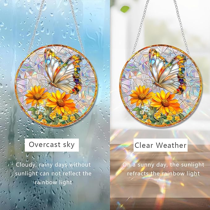 Banax Stained Glass Window Hanging Sunrise Suncatcher, 8 Inch Round Sunflower Glass Sun Catcher for Window Wall Art for Home, Patio, Porch, Outdoor Garden Décor Gift