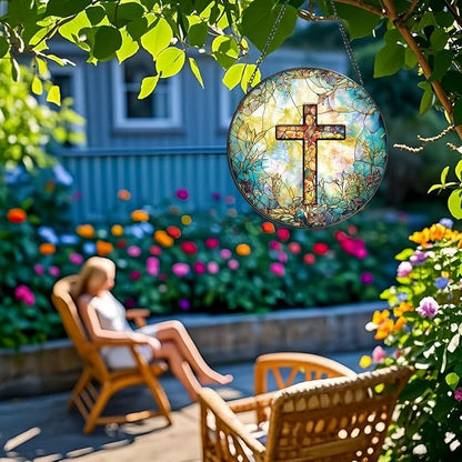 Stained Glass Cross Sun Catcher - 8'' Handcrafted Suncatcher for Window Home Decor, Symbolizing Faith, Hope, and Light, Perfect for Spiritual Spaces, Weddings, and Religious Celebrations (C)