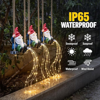 Hanging Garden Gnomes Statues Solar Watering Can Fairy Lights, 6.7''H Swings Gnome Cascading LED Decor for Yard Balcony Backyard Tree Outside, Housewarming Birthday Gifts for Woman Mom Grandma