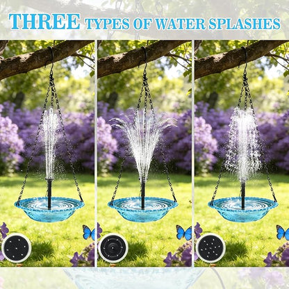 Yeomi Solar Fountain for Bird Bath, Solar Cascade Hanging Bird Bath Fountain, Large Hummingbird Bath with Solar Pump & Blue Glass Bowl, Outdoor Garden Decor