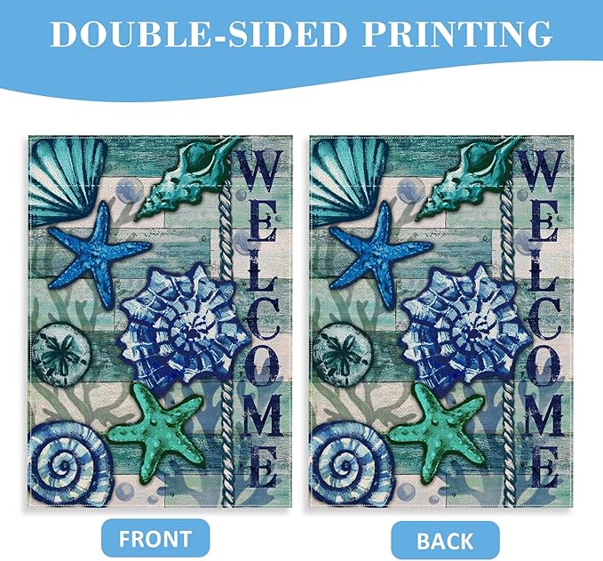 Home Decorative Welcome Summer Coastal House Flag, Nautical Beach Garden Yard Tropical Conch Starfish Shells Outside Decoration, Blue Ocean Sea Outdoor Large Decor Double Sided 28x40