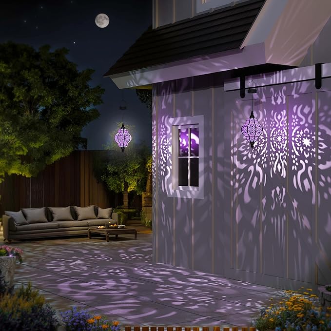 Hapjoy Hanging Solar Lights Outdoor Garden Decor Solar Lantern Waterproof Plastic Moroccan Outdoor Decorations for Patio Pathway Yard Backyard Garden Decorative (2, Purple)