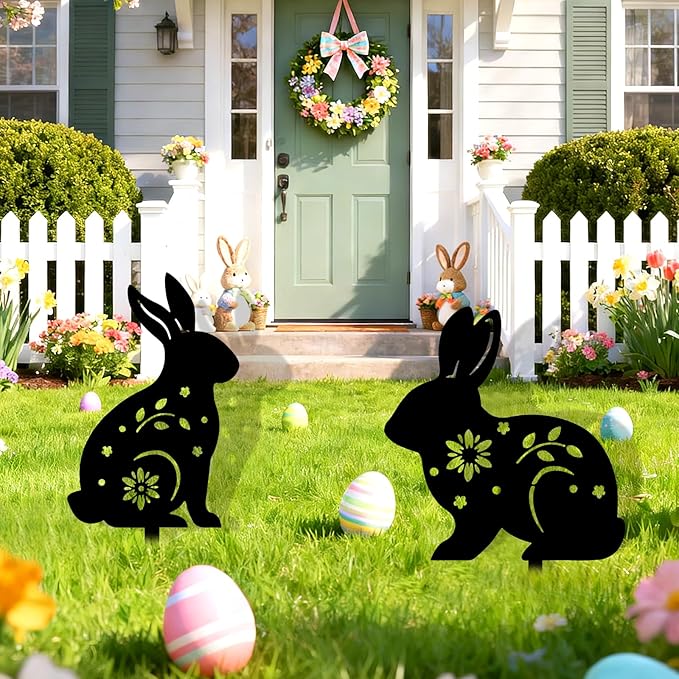 2 Pcs Easter Bunny Yard Signs Iron Rabbit Silhouette Decoration Black Metal Rabbit Yard Art for Outdoor Lawn Garden Spring Decor