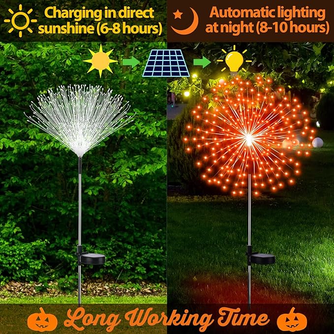 Tujoe 6 Pcs Halloween Solar Firework Stake Lights 180 LED 8 Modes Solar Waterproof LED Sparkler Lights Outdoor Decoration for Summer Fall Xmas Holiday Garden Patio Yard Pathway Walkway, Orange