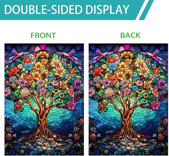 Floral Tree of Life House Flag 28x40 Inch Double Sided Outside, Stained Glass Spring Summer Large Burlap Yard Flag Double Sided Outdoor Decoration