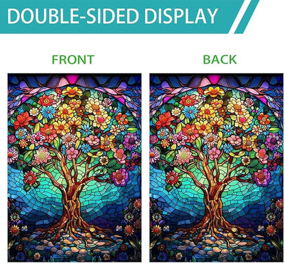 Floral Tree of Life House Flag 28x40 Inch Double Sided Outside, Stained Glass Spring Summer Large Burlap Yard Flag Double Sided Outdoor Decoration