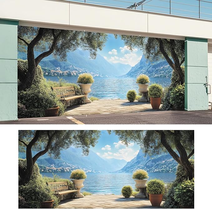 ANNA QUEEN Mural Garage Door Banner 6 x 13FT, Mediterranean Lakeside Garden View with Bench and Mountains, Romantic Garden Scenic Backdrop for Patio, Yard, Holiday, Party Decor