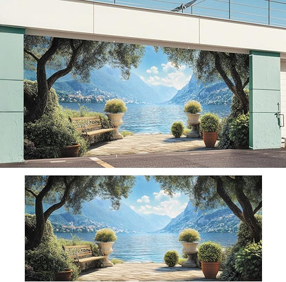 ANNA QUEEN Mural Garage Door Banner 6 x 13FT, Mediterranean Lakeside Garden View with Bench and Mountains, Romantic Garden Scenic Backdrop for Patio, Yard, Holiday, Party Decor