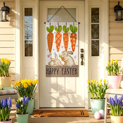 Tegeme 3 Pcs Happy Easter Door Sign Flag Welcome Easter Door Banner Bunny Wall Hanging Ornaments Flag for Party Holiday Outdoor Indoor Home Decoration