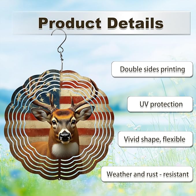 Deer American Flag Wind Spinners Outdoor, Hanging Wind Spinner for Garden Decoration, 8 inch 3D Stainless Steel Metal Wind Sculpture for Indoor/Outdoor Decor