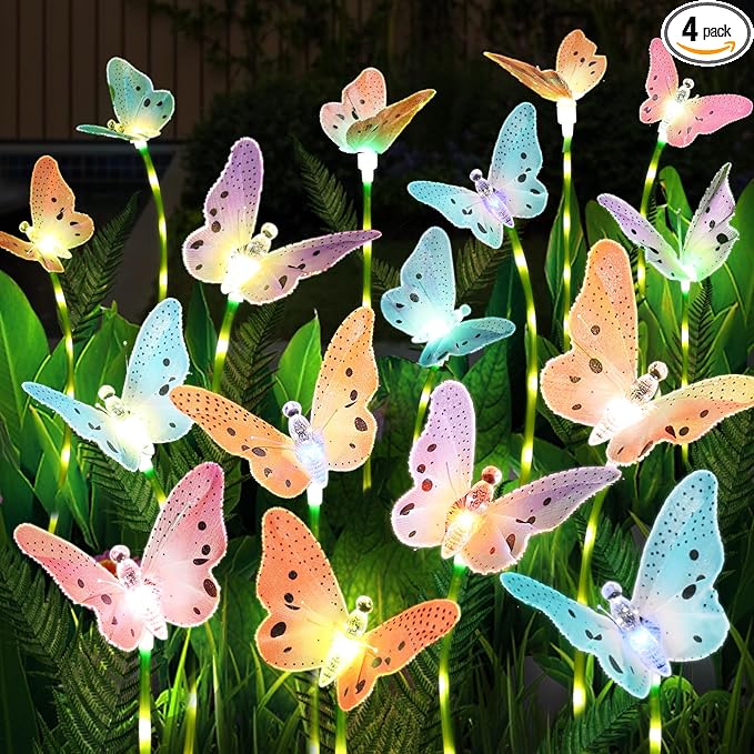 Weepong Solar Garden Lights 4 Pack Waterproof Decorative Solar Lights Outdoor with Glowing Stems,7-Color Changing ‎Fiber Optic Butterfly Light for Outside Yard Lawn Garden Decor, Gifts for Women