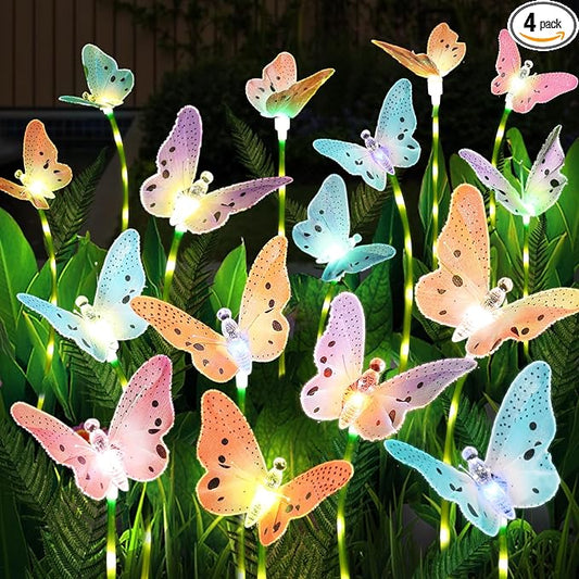 Weepong Solar Garden Lights 4 Pack Waterproof Decorative Solar Lights Outdoor with Glowing Stems,7-Color Changing ‎Fiber Optic Butterfly Light for Outside Yard Lawn Garden Decor, Gifts for Women