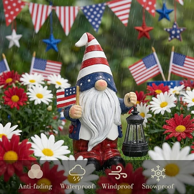 TERESA'S COLLECTIONS 4th of July Gnome Decorations with Solar Lantern, Memorial Day Decorations Resin Patriotic Garden Gnome Holding American Flag, USA 250th Anniversary Independence Day Gift 8"