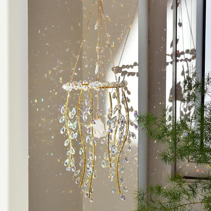 Crystal Hanging Suncatcher with Natural Stone, 16.9 Inch Decorative Wind Chime, Gold Chain & Branch Design (Aurora)