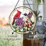 Cardinal Hummingbird Stained Glass Window Hanging Suncatcher, Flower Bird Sun Catcher Indoor Window Decor, Birds Lover Gifts Painted Glass Round Wall Hanging Decorations, 7.8x7.8 in