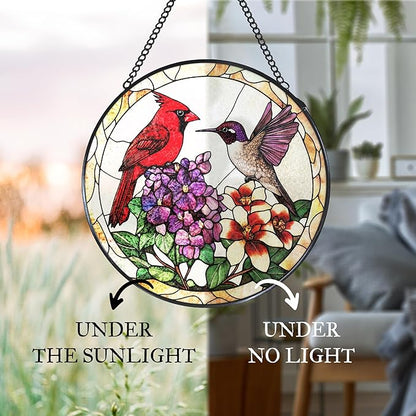 Cardinal Hummingbird Stained Glass Window Hanging Suncatcher, Flower Bird Sun Catcher Indoor Window Decor, Birds Lover Gifts Painted Glass Round Wall Hanging Decorations, 7.8x7.8 in