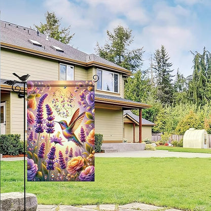 Hummingbird Garden Flag 12x18 Inch Double-Sided Floral Yard Banner Outdoor Spring Summer Decoration Colorful Lavender Flowers Butterflies Yard Outdoor Flag
