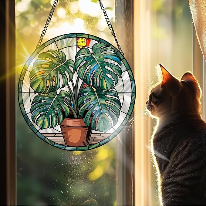 VAIIEYO Monstera Leaf Sun Catcher Stained Glass Window Hanging Ornament, Monstera Plant Sun Catcher Decoration, Plant Lover Decor, Plant Lover Gifts, Mother's Day Birthday Housewarming Gift 7.8 inch