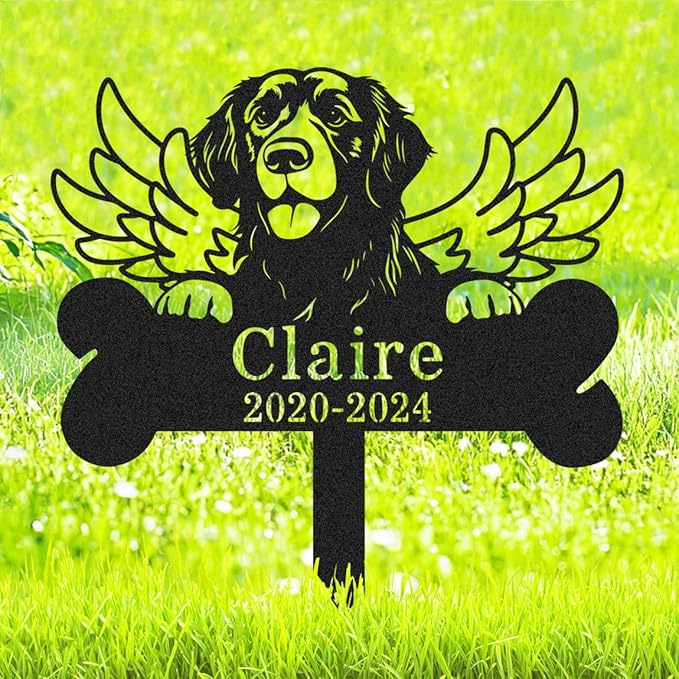 Custom Golden Retriever Memorial Grave Marker, Personalized Angel Wing Dog Memorial Stake Bone Marker, Customized Metal Memorial Plaque for Dog Cemetery Grave Garden Yard Remembrance Stake