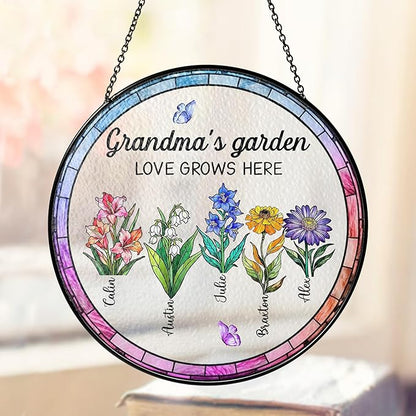 Personalized Grandma’s Garden Stained Glass Window Hanging Ornament, Custom Birth Month Flowers with Kids’ Names, Grandma Love Grows Here Floral Art Decoration, for Mom Grandma