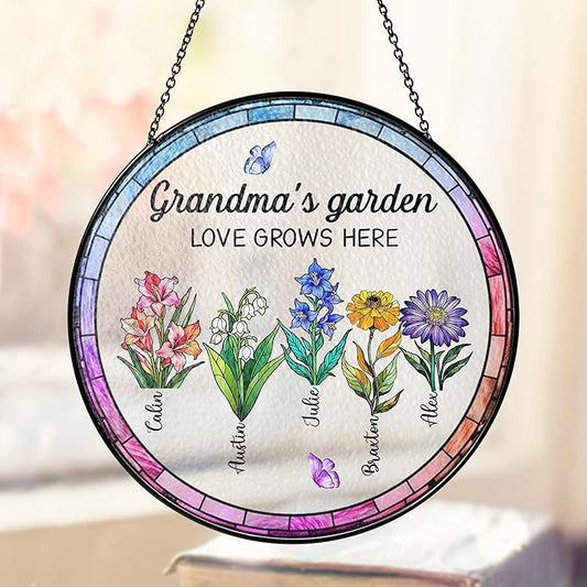 Personalized Grandma’s Garden Stained Glass Window Hanging Ornament, Custom Birth Month Flowers with Kids’ Names, Grandma Love Grows Here Floral Art Decoration, for Mom Grandma