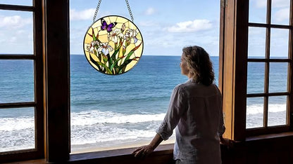 Funoasis Stained Glass Window Hanging 6.3 Inches Suncatcher - Beautiful Irises and Butterfly Ornaments Sun Catcher Home Decor Women Birthday