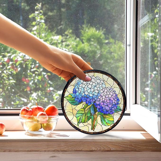 kdqua Hydrangea Flower Suncatcher Stained Glass Window Hanging, Blue Hydrangea Sun Catchers Indoor Window Glass Round Wall Decor, Floral Wall Art Hanging Decorations Statues, 7.9x7.9in