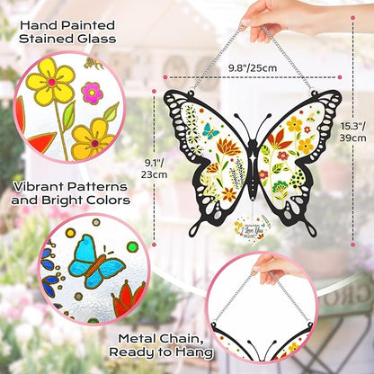 Butterfly Stained Glass Window Hanging 9.8 Inch Colorful Flower Suncatcher Decor for Window Door Wall Art Home Decoration Christmas Hanging Ornament Birthday Butterfly Gifts for Mom, Women