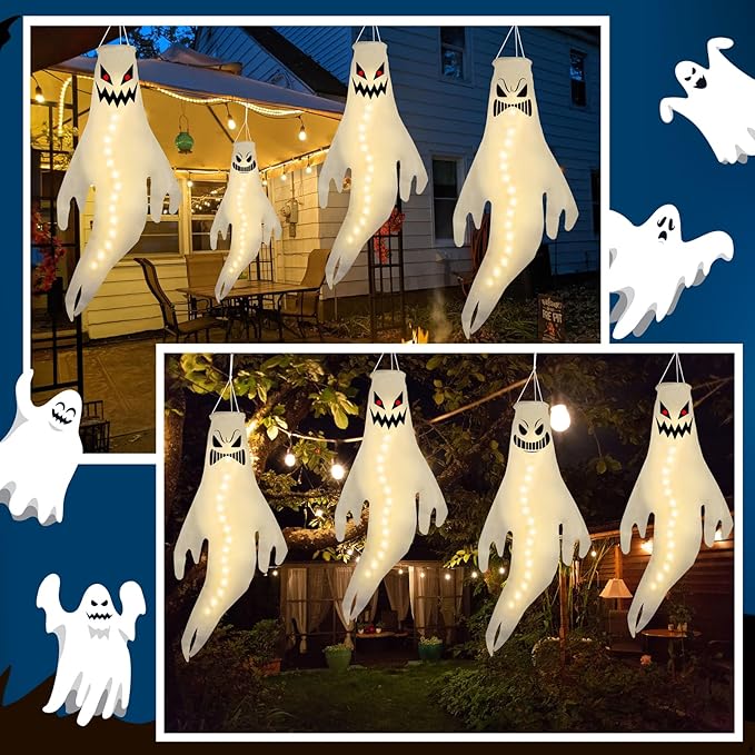 Geefuun 4PCS Warm Light Halloween Fierce Ghost Windsocks Hanging Decorations - 43 Inch Flag Wind Socks for Home Yard Outdoor Decor Party Supplies (Batteries Not Included,No Timer)