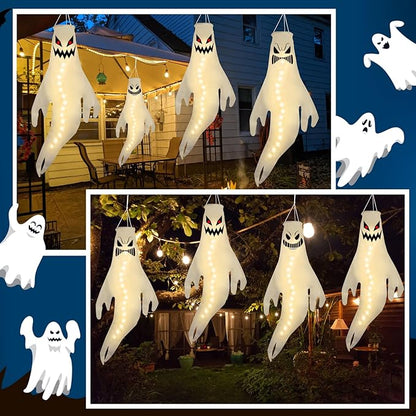 Geefuun 4PCS Warm Light Halloween Fierce Ghost Windsocks Hanging Decorations - 43 Inch Flag Wind Socks for Home Yard Outdoor Decor Party Supplies (Batteries Not Included,No Timer)