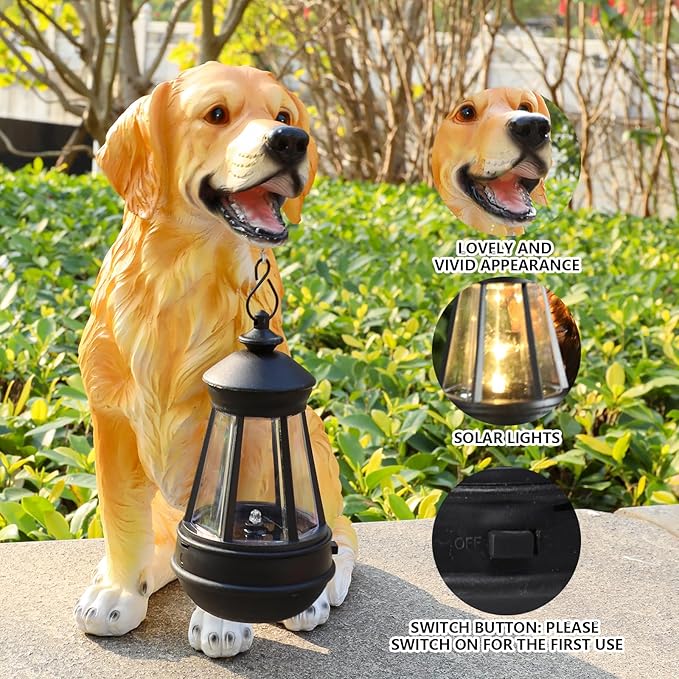 Garden Dog Statues Outdoor Decor, Solar Lights Outdoor Golden Retriever Figurine Solar Dog Ornaments for Patio, Lawn, Yard Art Decoration, Housewarming Garden Gift