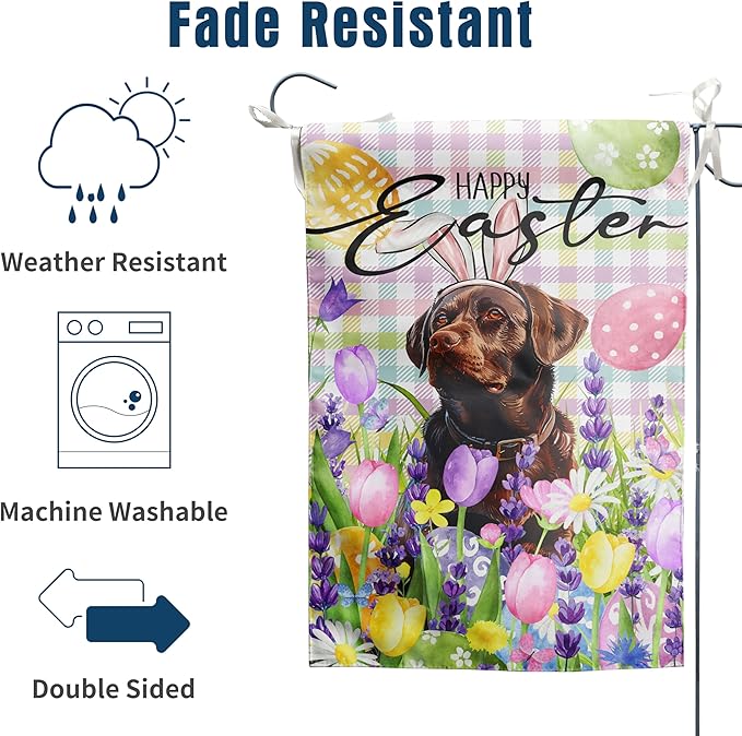Happy Easter Labrador Dog Garden Flag Chocolate Lab Spring Flags Buffalo Plaid Bunny Eggs Yard Flag for Outside 12x18 Double Sided Small Decorative Floral Outdoor Flag