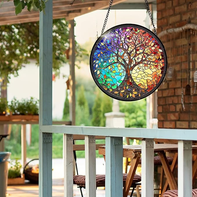 7.8 Inch Stained Glass Window Hanging Tree of Life Sun Catcher Indoor Window Door Wall Yard Garden Home Decor Colorful Glass Panel Suncatcher Gifts for Women Men Mom Grandma