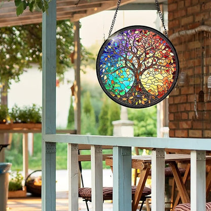 7.8 Inch Stained Glass Window Hanging Tree of Life Sun Catcher Indoor Window Door Wall Yard Garden Home Decor Colorful Glass Panel Suncatcher Gifts for Women Men Mom Grandma