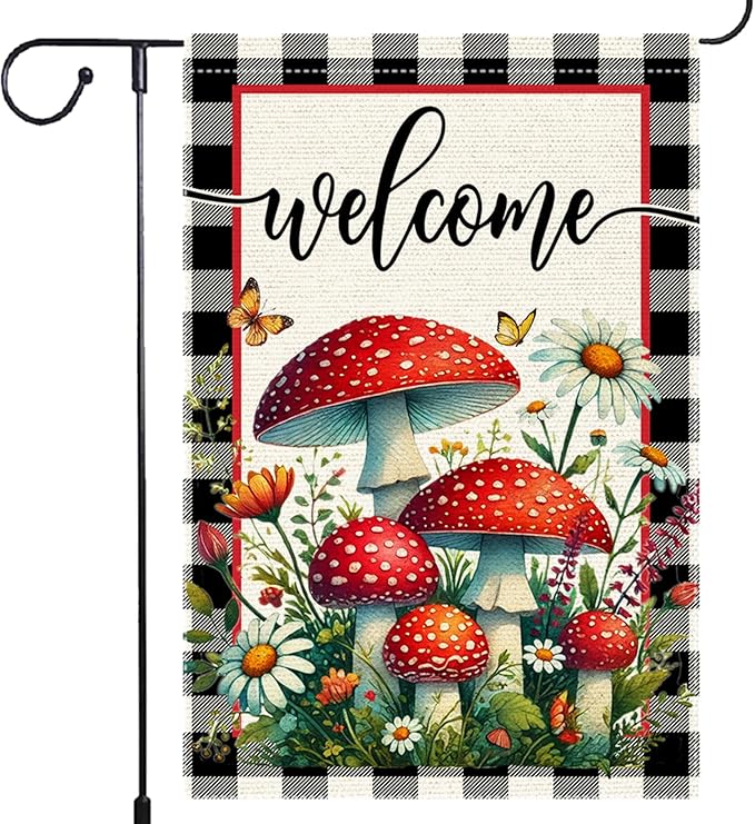 Welcome Mushrooms Garden Flag 12x18 Inch Burlap Double Sided, Buffalo Plaid Flowers Butterfly Colorful Floral Small Home Yard Outdoor Lawn Decor Rustic Farmhouse Flags Decorations