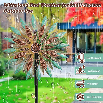Wind Spinners Outdoor, 360° Metal Windmills for Yard Garden Art Decor, Kinetic Wind Sculptures with 5 Stake for Lawn Patio Outside Ornaments, 13.7" W x 64.3" H (Green+Brown)