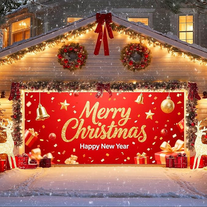 IVN Christmas Garage Door Cover Decoration 13x6ft Sparkling Gold Lettering Confetti Bells and Gifts Merry Christmas Winter Garage Door Banner Home Door Front Yard Decor for Xmas Eve Holiday Outdoor