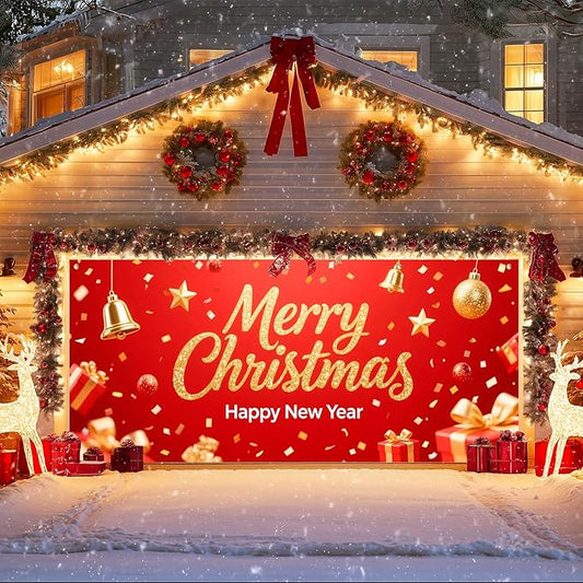 IVN Christmas Garage Door Cover Decoration 13x6ft Sparkling Gold Lettering Confetti Bells and Gifts Merry Christmas Winter Garage Door Banner Home Door Front Yard Decor for Xmas Eve Holiday Outdoor
