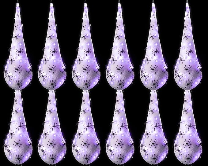 12 Pack Halloween Spider Hanging Egg Sacks Halloween Spider Sacks Decoration Large Props White Webs for Yard Haunted House Lawn Tree Outdoor Party Decor(Purple)