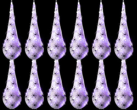 12 Pack Halloween Spider Hanging Egg Sacks Halloween Spider Sacks Decoration Large Props White Webs for Yard Haunted House Lawn Tree Outdoor Party Decor(Purple)