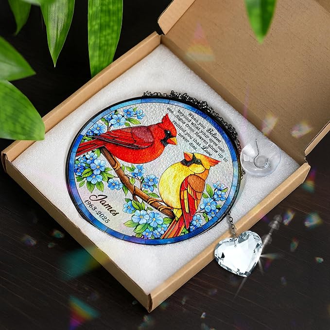 Personalized Cardinal Stained Glass Suncatcher Memorial, Custom Red & Yellow Cardinals Window Hanging with Crystal, Sympathy Gifts for Loss of Loved One, Memorial Day for Mom, Dad, Grandparent