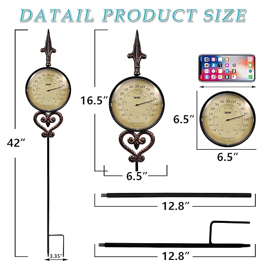 Cast Iron Thermometer Decorative Garden Stakes, Metal Thermometer for Patio Outdoor Decor and Yard Lawn Decorations