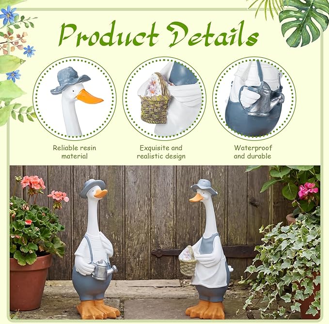 Novabright 2 Pcs Porch Goose Statue, Couple Duck Garden Statues Outdoor, 11 Inch Weather Resistant Resin Yard Decor for Patio Lawn Front Porch Indoor Outdoor Figurines Housewarming Gift