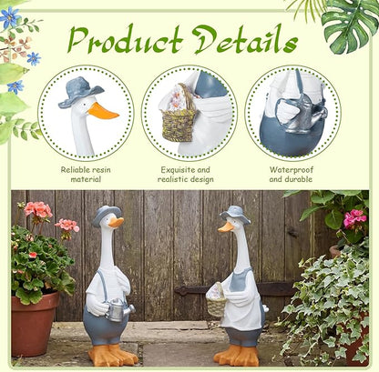 Novabright 2 Pcs Porch Goose Statue, Couple Duck Garden Statues Outdoor, 11 Inch Weather Resistant Resin Yard Decor for Patio Lawn Front Porch Indoor Outdoor Figurines Housewarming Gift