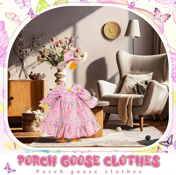 FuWeave Spring Goose Outfit Fancy Dress Butterfly Porch Goose Clothes for 23" Large Statue Outdoor Patio Yard Lawn Art Decoration